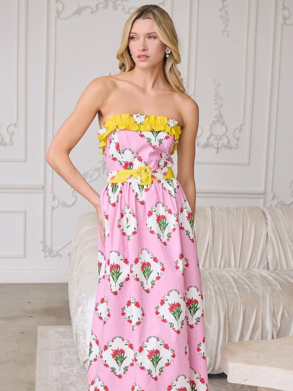 NWT NEW Sugarlips Maia Floral Strapless Ruffle Midi Dress (M)